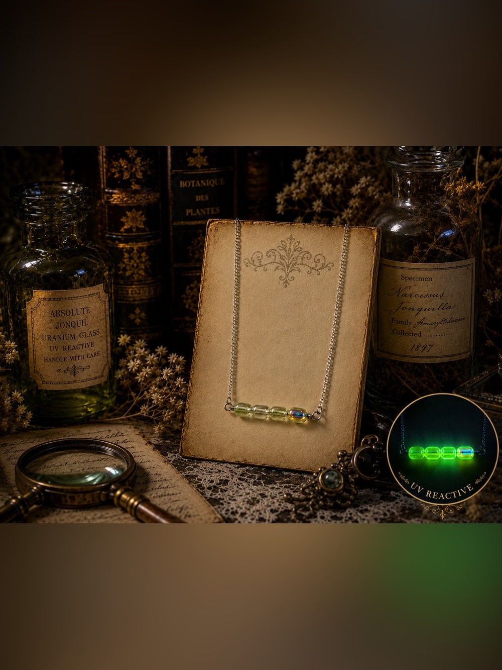 Jonquil Uranium Glow Glass Bead Dainty Bar Necklace
